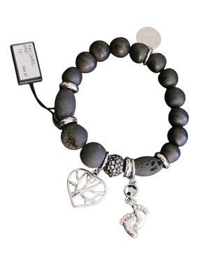 🥳4/$75!🥳Matte Onyx and Lava Stone Charm Bracelet with Heart & Baby Feet Charms